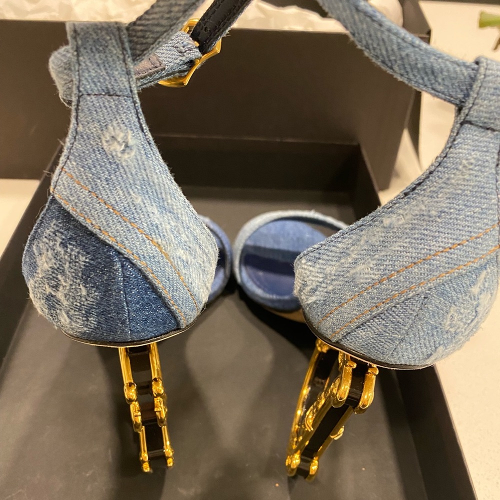 Dolce & Gabbana Blue Denim Sandals with Ornate Gold Sculpted Heels - Picture 3 of 8